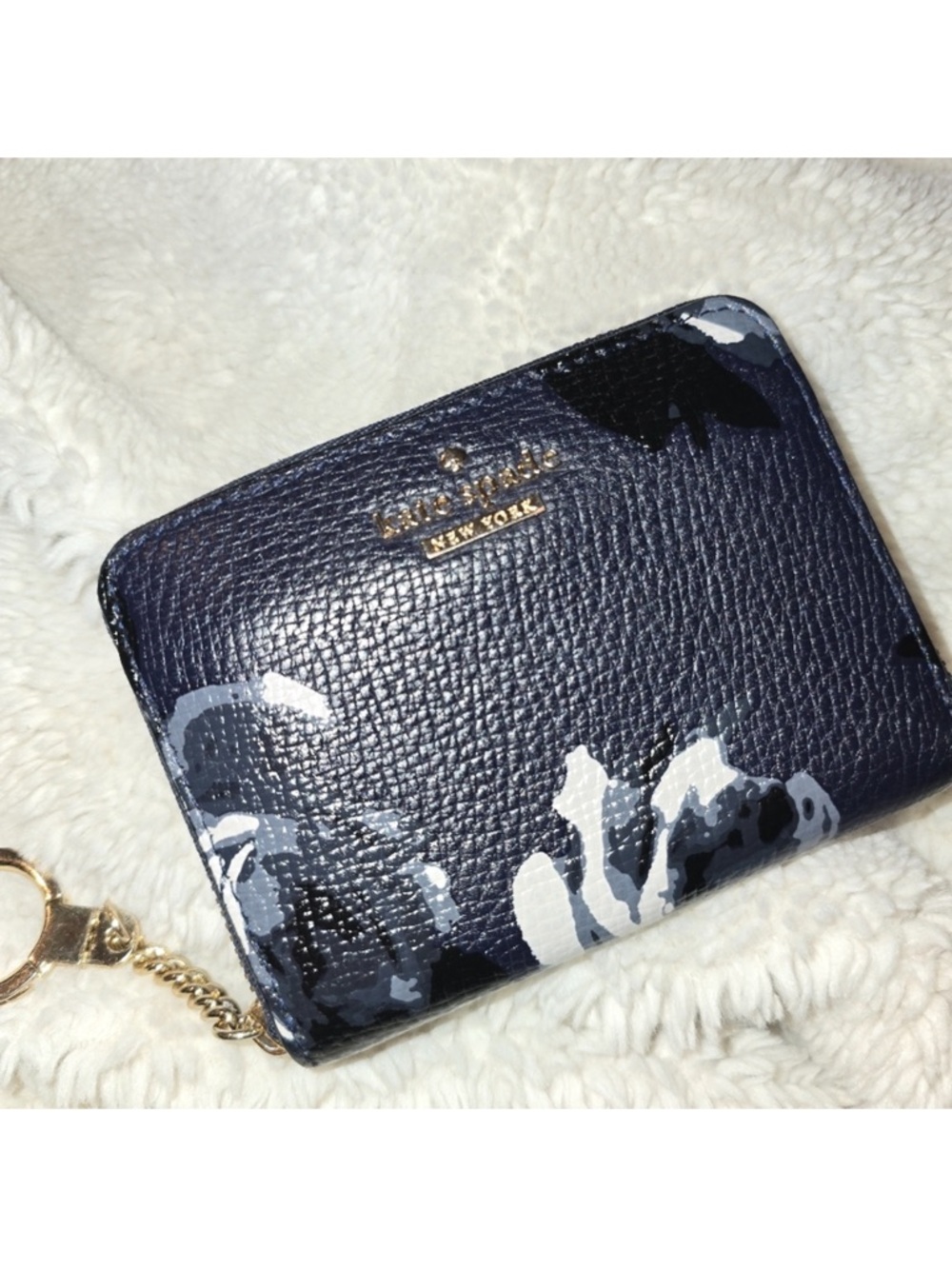 kate spade navy floral leather card case zip wallet with gold logo